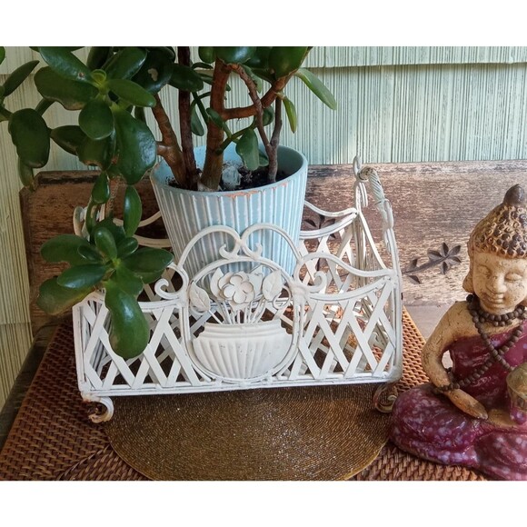 Wrought Iron Other - Wrought Iron Planter, Ornate Scrollwork, 1920's Antique, White 24x7, two 6" pots
